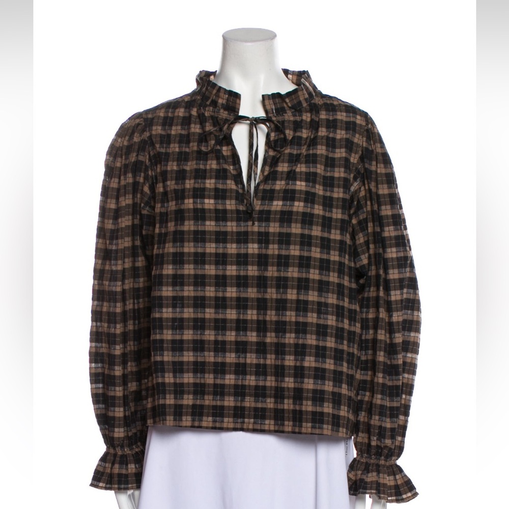 GANNI v neck plaid blouse